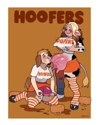 2024 anthro beard big_breasts big_nipples blackshirtboy blonde_hair bodily_fluids border bottomwear bovid bovine breasts brown_body brown_fur caprine cattle clothing cloven_hooves duo facial_hair female female/female fur gender_transformation goat growth hi_res hooters hooters_uniform hooves huge_breasts human human_to_anthro lactating legwear mammal milk mtf_transformation nipples pattern_clothing pattern_legwear pattern_stockings shorts species_transformation stockings striped_clothing striped_legwear striped_stockings stripes teat_growth teats thenomeking transformation udder_growth udder_nursing udders white_border