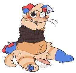 1boy blind_eye bondage cum dandy's_world erection goob_(dandy's_world) holidayshrimp male male_only no-human no_human no_humans non-human non-human_only penis precum sitting solo tagme tied_up zipper