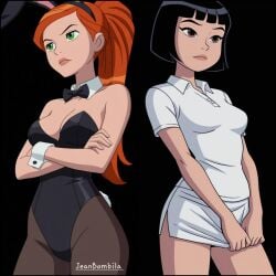 1girls 2girls ai_generated animated ben_10 ben_10_alien_force ben_10_ultimate_alien bunny_girl bunnysuit cartoon_network female female_focus female_only gwen_tennyson gwen_tennyson_(alien_force) gwen_tennyson_(ultimate_alien) jeanbombila666 julie_yamamoto long_hair red_hair