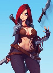 breasts clothed female katarina_du_couteau knife league_of_legends navel raichiyo33 red_hair riot_games scar tattoo