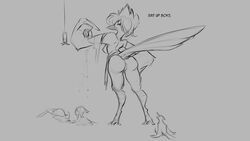 16:9 2018 ambiguous_gender anthro ass avian beak bird bird_feed bluebird breasts clothing dialogue female female_focus feral grey_background group hair half-closed_eyes monochrome mostly_nude nipples post_transformation pussy simple_background solo_focus standing torn_clothing watsup wings