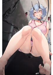 ahe_gao artist_name bangs bar_censor barefoot breasts censored chains clenched_teeth collar crossed_bangs dirty dirty_feet female grey_hair grin hair_between_eyes head_tilt heart heart-shaped_pupils heavy_breathing highres horns japanese_clothes jjune kimono knees_together_feet_apart large_breasts leash looking_at_viewer original pussy pussy_juice saliva short_hair sitting sleeveless sleeveless_kimono smile solo sweat symbol-shaped_pupils tears teeth trembling