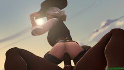 1boy 1girls 3d anal anal_sex ashe_(overwatch) ass assless_chaps big_penis blizzard_entertainment clothed_female_nude_male cowboy_hat cowgirl_position dark-skinned_male dark_skin female hat interracial lazer81095 male outdoor_sex outdoors overwatch penis sex smile source_filmmaker straight sun sunlight tattoo testicles tipping_hat white_hair