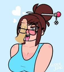 bare_shoulders blush brown_eyes brown_hair collarbone glasses hairpin heart mei_(overwatch) open_mouth overwatch penis penis_on_face pixel_art saliva super_jumbo tanktop teeth thick_eyebrows tongue tongue_out