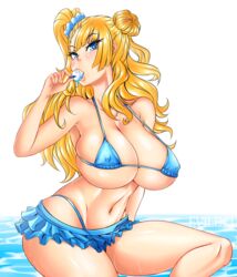 1girls absurdres asymmetrical_hair bikini blonde_hair blue_bikini blue_eyes breasts cleavage covered_nipples evildei female frilled_bikini frills galko hair_bun highleg highleg_bikini highres ice_cream large_breasts long_hair looking_at_viewer navel oshiete!_galko-chan popsicle scrunchie side_ponytail solo swimsuit water wet