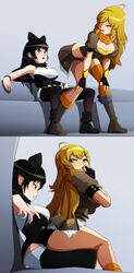 2girls ass black_hair blake_belladonna blonde_hair boots breasts canon_couple cleavage female female_only highres lap_dance lapdance large_breasts long_hair looking_back open_mouth purple_eyes ravenravenraven rooster_teeth rwby seductive sitting sitting_on_person yang_xiao_long yellow_eyes yuri