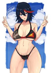 1girls abs bare_shoulders belly big_breasts bikini black_hair blue_background blue_eyes blush breasts cameltoe cleavage clothed clouds day double_v duo_kawa erect_nipples female female_only hairy huge_breasts human kill_la_kill large_breasts looking_at_viewer matoi_ryuuko midriff muscular muscular_female navel nipples open_mouth outdoors pubic_hair pubic_hair_peek red_hair short_hair sky solo standing sweat text thick_thighs thigh_gap underboob v watermark wet white_background wide_hips