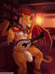 balls bar conditional_dnp danza detailed_background flaccid hi_res holding_object looking_at_viewer lute male_only membranous_wings muscular patreon penis pinup pose pub scales sitting smile solo spyro spyro_the_dragon tomas uncut video_games wings