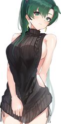 black_sweater blush embarrassed fire_emblem fire_emblem:_the_blazing_blade green_hair lyn_(fire_emblem) medium_breasts no_bra ormille ponytail sideboob sweater sweater_tug virgin_killer_sweater