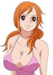 1girls 2019 breasts brown_eyes cleavage clothed clothing ecchianimeedits eyebrows eyelashes female female_only high_resolution huge_breasts human human_only long_hair nami_(one_piece) one_piece orange_hair photoshop pink_shirt pixiv ponytail ponytails shounen_jump soft_breasts tank_top twintails