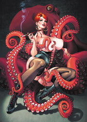 areolae breasts celebrity christina_hendricks cigarette cigarette_holder corset female female_only huge_breasts kiwine octopus red_hair smoke smoking solo tentacle