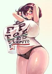 1girls beryl_(junkpuyo) black_underwear breasts brown_hair busty cleavage earmuffs eye_chart_shirt female female_only glasses hairband huge_breasts junkpuyo large_breasts long_hair looking_at_viewer panties pink_glasses shiny_skin simple_background solo solo_focus voluptuous white_background