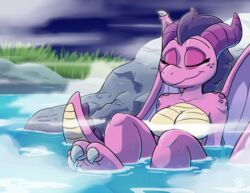 anthro bathing breasts crystal_(jurassiczalar) dragon featureless_breasts female hot_spring jurassiczalar scalie skinny_dipping solo tagme