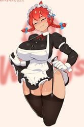 1girls 2d alternate_costume alternate_outfit big_breasts breasts cleavage female female_only garter_belt large_breasts light-skinned_female light_skin maid maid_headdress nisetanaqa pale-skinned_female pale_skin panties skirt_lift solo thighhighs watermark wendy's wendy_thomas