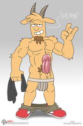 ? anthro caprine_humanoid cartoon_network clothing erection eyes_half_open full_body gesture goat goat_horns goat_humanoid goatee hairy_balls hi_res holding_clothing humanoid_penis looking_at_viewer male male_only pants_around_ankles pants_down pecs penis presenting_penis regular_show slashweilerdog solo talking_to_viewer text thick_penis thomas_(regular_show) underwear_down