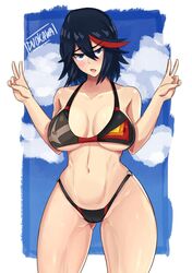 1girls abs bare_shoulders belly big_breasts bikini black_hair blue_background blue_eyes blush breasts cameltoe cleavage clothed clouds day double_v duo_kawa erect_nipples female female_only huge_breasts human kill_la_kill large_breasts looking_at_viewer matoi_ryuuko midriff muscular muscular_female navel nipples open_mouth outdoors red_hair short_hair sky solo standing sweat text thick_thighs thigh_gap underboob v watermark wet white_background wide_hips