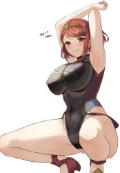 2021 armpits arms_up black_one-piece_swimsuit breasts closed_mouth covered_erect_nipples covered_navel dated feet_out_of_frame female gem green_gemstone highres large_breasts looking_at_viewer official_alternate_costume one-piece_swimsuit pyra_(pro_swimmer)_(xenoblade) pyra_(xenoblade) red_eyes red_hair red_sandals sandals short_hair sidelocks simple_background smile solo squatting swimsuit tiara white_background xenoblade_chronicles_(series) xenoblade_chronicles_2 yamamori_kinako