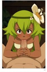 ai_generated amalia blush brown_eyes dark_skin fellatio female flower green_hair hair_flower hair_ornament oral penis pov straight wakfu