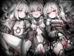 3girls blue_eyes doll_joints eudie_(shadowverse) joints kupa_(jesterwii) long_hair monochrome multiple_girls orchis ralmia_(shadowverse) red_eyes sex shadowverse spot_color straight