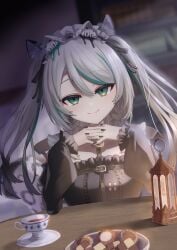 animal_ears black_sky braided_sidelocks cake cheek_rest copyright_request cross-laced_clothes cross-laced_sleeves dessert food freedomman_hero frilled_straps fuzzy_clothes grey_nails grey_tail highres hinamori_anthea holding holding_saucer indie indie_virtual_youtuber leopard_ears leopard_tail maid nata_(tool) red_pupils saucer sky snow_leopard_tail strawberry_shortcake tail teapot virtual wallpaper_(object) youtuber