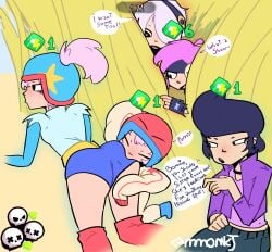 5girls ass ass_focus ass_grab bibi_(brawl_stars) black_hair bonnie_(brawl_stars) brawl_stars butt_focus butt_grab colette_(brawl_stars) dialogue eating_ass female female_focus female_only fully_clothed girl girls girls_only hiding incest janet_(brawl_stars) mmonkj no_ai penny_(brawl_stars) pink_hair purple_hair sfw silly sister sisters teenage_girl teenager text text_bubble voyeur voyeurism watching white_hair wholesome yuri