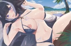1boy :d animal_ears areolae bangs beach bikini bikini_aside black_hair blue_bikini blue_eyes blue_hair blush breasts choker cowgirl_position criss-cross_halter day dutch_angle eyebrows_visible_through_hair female large_breasts long_hair looking_at_viewer lying multicolored_hair navel nipples oerba_yun_fang on_back open_mouth outdoors penis pussy rock sex shylily sky smile solo_focus stomach straddling straight swimsuit tail tattoo uncensored vaginal_penetration very_long_hair