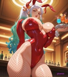 ai_generated big_breasts breasts bunny_girl bunnysuit clothing female female female_only fishnet gitaniai glossy_lips horn horns huge_thighs latex lips long_hair looking_at_viewer navel nipples nipples_visible_through_clothing oiled oiled_skin one_piece orange_eyes ponytail pussy red_latex silver_hair solo standing yamato_(one_piece)