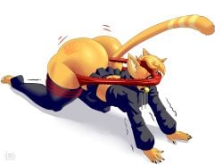 absurd_res all_fours anthro ass atomic_wedgie bottomwear butt_cleavage clothing cropped_hoodie dlovolb felid feline femboy fur hand_print hi_res lace_panties legwear male mammal miniskirt orange_body orange_fur panties red_clothing red_panties red_underwear shaking skirt solo stockings trembling underwear wedgie