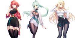 3girls blonde_hair bracelet breasts casual casual_clothes core_crystal dress garter_straps green_eyes green_hair high_heels holding_purse large_breasts leggings long_hair mythra nintendo pneuma_(xenoblade) ponytail purse pyra red_eyes red_garter_straps red_hair ririko_(zhuoyandesailaer) short_hair skirt smiling white_shirt xenoblade_(series) xenoblade_chronicles_2 yellow_eyes