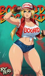 abs ai_generated ai_slop_(low_quality_ai) blonde_hair booty_shorts feminization fingerless_gloves green_eyes muscular muscular_female rule_63 short_sleeved_jacket solo_female terry_bogard tied_shirt trucker_hat