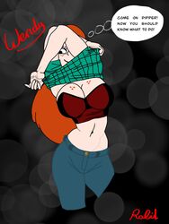 1girls big_breasts bottomwear breasts cleavage clothing color disney disney_channel disney_xd english_text female female_only flannel freckled_skin freckles gravity_falls inviting inviting_to_sex jeans light_skin midriff red_hair rolit shirt_lift solo sports_bra straight_hair text thinking undressing wendy_corduroy white_female
