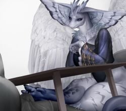 anthro blue_body clothing dominant dominant_anthro dominant_female duo erection erection_under_clothing faceless_character faceless_male feathered_wings feathers feet female foot_fetish foot_on_crotch foot_play footjob furniture hi_res hybrid male male/female nazena_ra reptile scalie sex simple_background sitting snake table tenting under_table_footjob under_the_table underwear white_background white_body white_feathers wings
