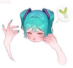 2girls blending blue_eyes blue_hair blue_nails commentary cunnilingus female_pov hatsune_miku highres hotaru_sen long_hair meme multiple_girls negative_space negative_space_cunnilingus_(meme) oral pov red_pupils simple_background speech_bubble spring_onion thought_bubble twintails vocaloid white_background yuri