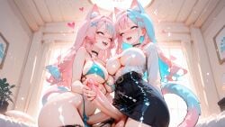 2futas ai_art ai_generated animal_ears bikini blue_hair cat_ears cat_girl cat_tail catgirl dickgirl futa_masturbation futanari intersex koneko konekofuta large_breasts large_penis office_girl office_lady pink_hair two_tone_hair two_tone_hair_(blueandpink)