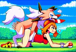 ai_generated ambiguous_penetration blue_eyes bottomless cum cum_inside lycanroc may_(pokemon) midday_lycanroc outdoors outside outside_sex pixel_art pokeball pokephilia zoophilia