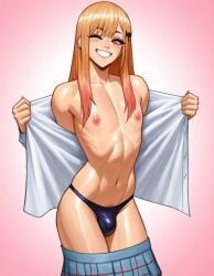 1boy ai_generated bare_chest blonde_hair blonde_hair_male bulge bulge_through_clothing close-up crossdressing femboy flashing genderswap_(ftm) kitagawa_marin male nipples open_clothes open_shirt otoko_no_ko panties penis pubic_hair rule_63 skirt_down smile smiling smiling_at_viewer solo sono_bisque_doll_wa_koi_wo_suru thong wink