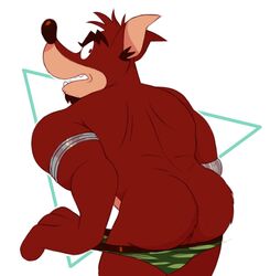 1boy 2019 anthro ass bandicoot bara butt cameo clothing concupisco crash_(series) crunch_bandicoot facial_hair goatee hi_res looking_back male male_only mammal marsupial mooning naughty_dog pattern_underwear perineum robotic_arm simple_background solo sony_corporation sony_interactive_entertainment toony underwear underwear_down undressing video_games white_background