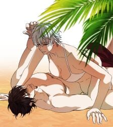 1boy 1girls beach big_breasts bikini breasts canon_genderswap cleavage female genderswap_(mtf) ginko_sakata gintama gintoki_sakata male on_back outdoors rule_63 short_hair socincol swimsuit takasugi_shinsuke very_short_hair white_bikini white_hair