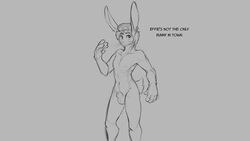 16:9 2019 alternate_species animal_genitalia anthro balls changeling_tale clothing dialogue grey_background hair hat_only headgear headwear lagomorph leporid malcolm_(changeling_tale) male mammal monochrome mostly_nude navel portrait rabbit sheath simple_background smile solo three-quarter_portrait watsup