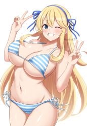 artist_name bikini blue_bikini blue_ribbon blush breasts collarbone double_v female grin hair_ribbon hands_up highres katsuragi_(senran_kagura) large_breasts long_hair looking_at_viewer multicolored_bikini navel one_eye_closed ribbon senran_kagura side-tie_bikini_bottom simple_background smile solo strap_gap striped_bikini striped_clothes surippa1010 swimsuit thighs twitter_username two-tone_bikini underboob v very_long_hair white_background white_bikini