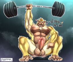 abs anthro anus balls barazoku barbell big_balls big_penis bodily_fluids breath crazydrak crouching erection exercise foreskin front_view fur genital_fluids genitals haplorhine hi_res humanoid_genitalia humanoid_penis male mammal monkey muscular muscular_anthro muscular_male narrowed_eyes nipples nude one_eye_closed pecs penis precum precum_squirt primate solo uncircumcised weightlifting workout yellow_body yellow_fur
