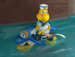 absurd_res anthro balls blush bodily_fluids clothed clothing cum cumshot digital_media_(artwork) dolphin_(mario) ejaculation erection genital_fluids genitals hat headgear headwear hi_res koopa koopa_troopa male mario_bros mario_kart mario_kart_world masturbation nintendo oliviwott open_mouth orgasm penis reptile scalie solo