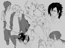 aoba_seragaki asarigg black_and_white blowjob dialogue dramatical_murder gay koujaku locker locker_room pubes pubic_hair public public_sex scar tagme yaoi