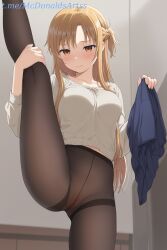1female 1girl 1girls ai_generated ass_visible_through_thighs asuna_(sao) black_pantyhose blue_skirt blush braid breasts brown_eyes brown_hair brown_pantyhose closed_mouth collarbone commentary_request feet_out_of_frame female female_focus female_solo french_braid gusset high-waist_pantyhose holding holding_clothes indoors leg_up long_hair long_sleeves looking_at_viewer medium_breasts midriff_peek no_panties pantyhose pleated_skirt pussy shirt skirt solo split stable_diffusion standing standing_on_one_leg standing_split sweater sword_art_online thighband_pantyhose uncensored unworn_skirt white_shirt white_sweater yuuki_asuna zelanell