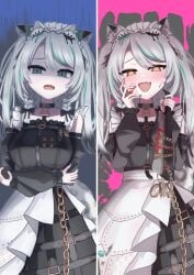 animal_ears black_sky braided_sidelocks cake cheek_rest copyright_request cross-laced_clothes cross-laced_sleeves dessert food frilled_straps fuzzy_clothes grey_nails grey_tail highres hinamori_anthea holding holding_saucer indie indie_virtual_youtuber leopard_ears leopard_tail maid nata_(tool) non-web_source red_pupils saucer sky snow_leopard_tail strawberry_shortcake tail teapot virtual wallpaper_(object) youtuber