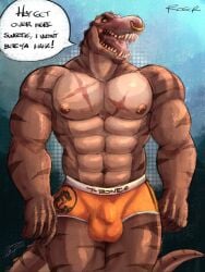 3:4 abs abstract_background anthro balls_outline barazoku barbell_piercing bottomwear brown_body bulge clothed clothing crazydrak detailed_bulge dinosaur english_text facial_piercing front_view genital_outline hi_res lip_piercing lip_ring male multiple_piercings muscular muscular_anthro muscular_male nipple_barbell nipple_piercing nipples nose_piercing nose_ring open_mouth orange_bottomwear orange_clothing orange_eyes pecs penis_outline piercing portrait prehistoric_species pupils reptile ring_piercing scalie septum_piercing septum_ring slit_pupils solo speech_bubble standing striped_arms tan_body text theropod three-quarter_portrait tongue tongue_piercing tongue_stud topless tyrannosaurid tyrannosauroid tyrannosaurus tyrannosaurus_rex