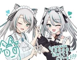 animal_ears black_sky braided_sidelocks cake cheek_rest cross-laced_clothes cross-laced_sleeves dessert food freedomman_hero frilled_straps fuzzy_clothes grey_nails grey_tail hinamori_anthea holding holding_saucer indie indie_virtual_youtuber leopard_ears leopard_tail maid nata_(tool) red_pupils saucer sky snow_leopard_tail strawberry_shortcake tail teapot virtual wallpaper_(object) youtuber