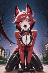 1girls ahe_gao ai_generated alastor_(hazbin_hotel) bowtie breasts building_background chocker cleavage female female_alastor front_view frosting.ai gloves hazbin_hotel kneeling leash medium_breasts night_sky on_all_fours open_mouth red_clothing red_eyes red_hair short_hair skall_cz solo street_lamp tagme tongue tongue_out white_skin