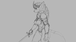 16:9 2019 anthro armor breasts canid canine canis crown female grey_background looking_at_viewer mammal melee_weapon monochrome nipples portrait pussy side_view simple_background solo sword three-quarter_portrait unconvincing_armor watsup weapon wolf