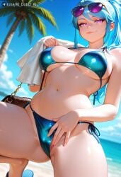 ai_dota_ai ai_generated artist_name bag bare_shoulders beach bikini blue_bikini blue_hair blue_sky breasts closed_mouth cloud covered_nipples day dota_2 eyewear_on_head female holding large_breasts lips long_hair looking_at_viewer luna_(dota) navel ocean outdoors palm_tree patreon_username ponytail purple_eyes pussy sandals side-tie_bikini_bottom sky smile solo spread_pussy spread_pussy_under_clothes stomach string_bikini sunglasses swimsuit thighs tinted_eyewear towel tree underboob wet